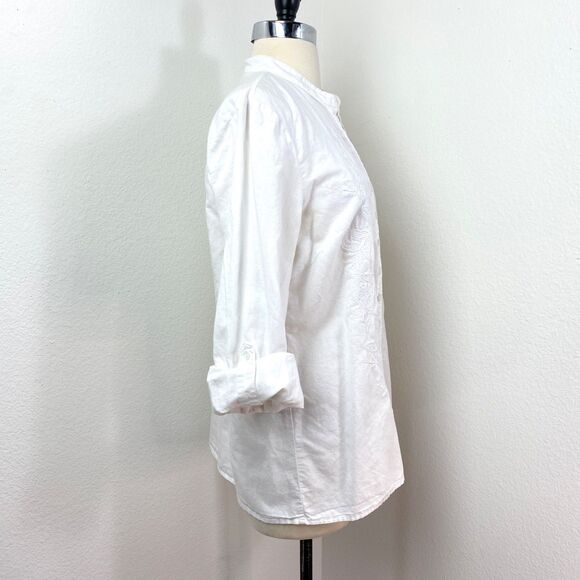 Tweed White Linen Blouse XL Embroidery Button Front Boho Peasant Career Preppy - Picture 9 of 11